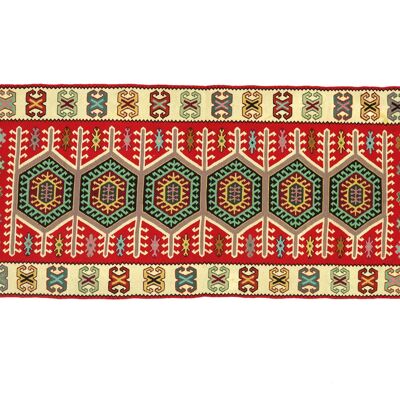 Tapis persan kilim 195x90 tissé main 90x200 motif géométrique rouge travail manuel Orient