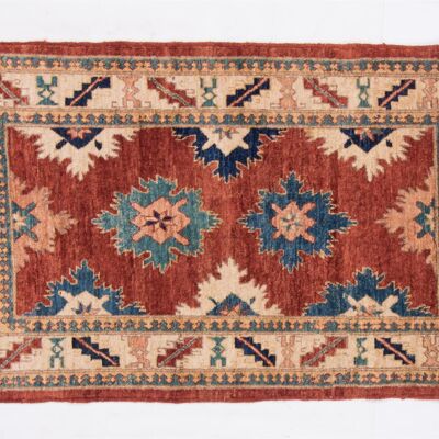 Afghan Chobi Ziegler 135x79 alfombra anudada a mano 80x140 patrón geométrico rojo, pelo corto