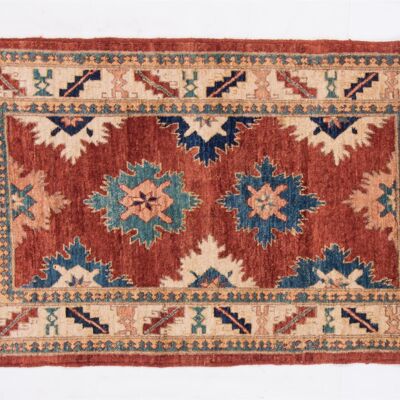 Tapis Afghan Chobi Ziegler 135x79 noué main 80x140 motif géométrique rouge, poils ras