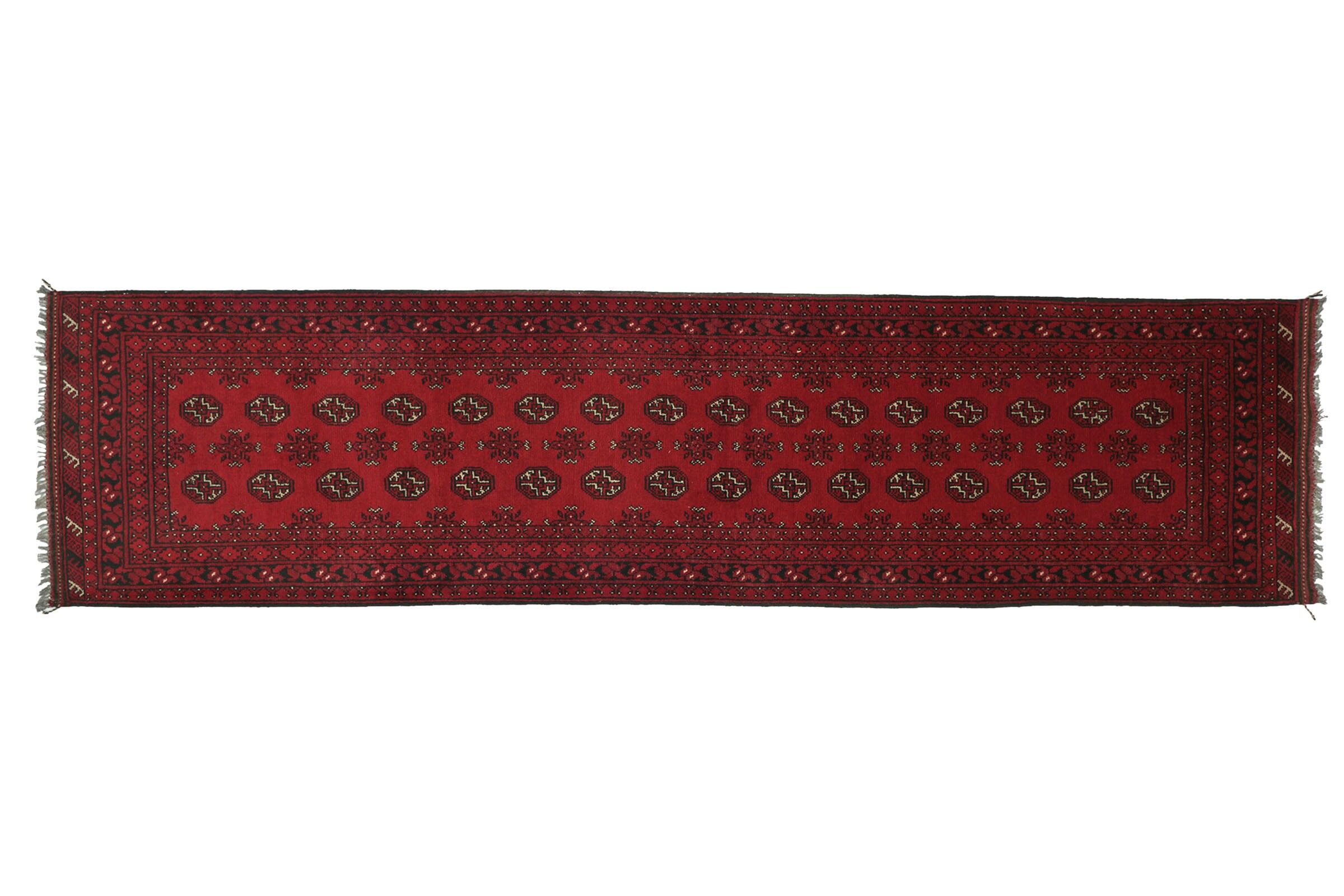 Afghan Aqcha 294x83 Tappeto Annodato a Mano 80x290 Runner Rosso Geometrico Pelo Corto Orient