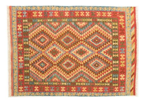 Afghan Maimana Kelim Bunt 194x158 Handgewebt Teppich 160x190 Beige Geometrisch Muster