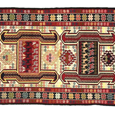 Persian silk soumakh 95x74 hand-woven carpet 70x100 multicolored geometric pattern handmade