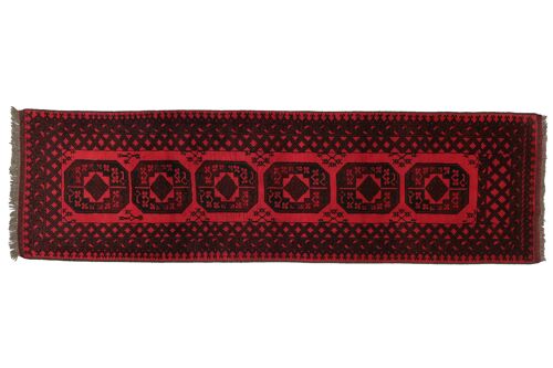 Afghan Aqcha 290x85 Handgeknüpft Teppich 90x290 Läufer Rot Geometrisch Kurzflor Orient