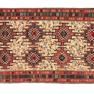 Tappeto persiano soumakh in seta 193x113 tessuto a mano 110x190 beige motivo geometrico fatto a mano