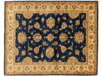 Tapis Afghan Chobi Ziegler 166x135 noué main 140x170 motif fleur bleue poil court 1