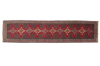 Tapis persan Senneh 402x90 noué main Tapis 90x400 tapis géométrique rouge à poils courts 1