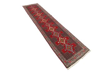 Tapis persan Senneh 402x90 noué main Tapis 90x400 tapis géométrique rouge à poils courts 3