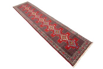 Tapis persan Senneh 402x90 noué main Tapis 90x400 tapis géométrique rouge à poils courts 4
