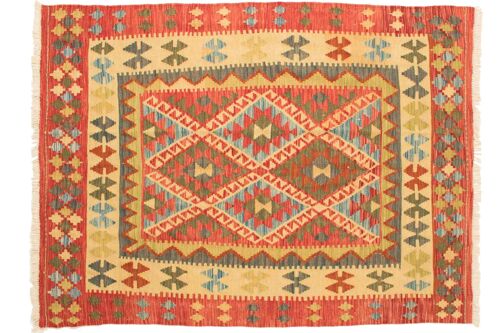 Afghan Maimana Kelim Bunt 204x152 Handgewebt Teppich 150x200 Rot Geometrisch Muster