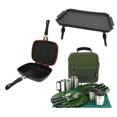 NGT Fishing Cutlery Set, BZS Black Bivvy Table and NGT Outdoor Grill Carp Fishing Camping With Cutlery Bag