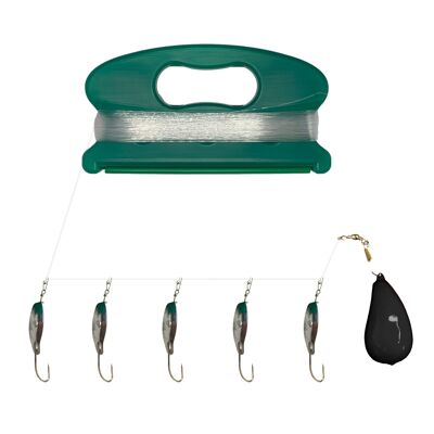 SeaTech Fishing Hand Line with Lures and 10oz Weight (100m Line) - Silver Blade