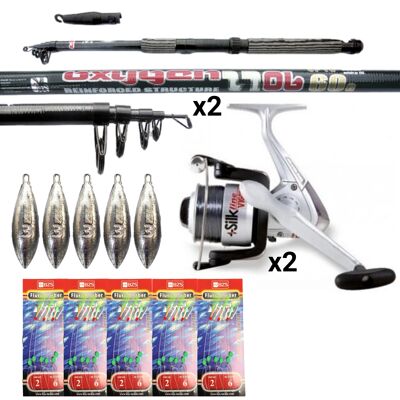 2 x Mackerel fishing Rod and Reel Combo - 3.6m Rod and reel combo with feathers and weights
