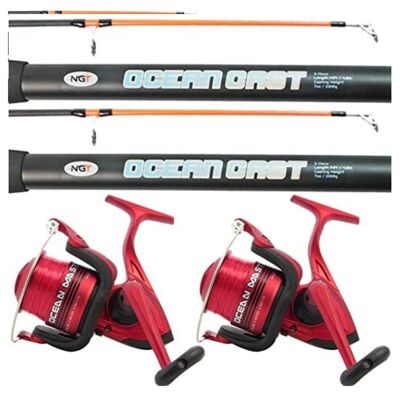 Lineaeffe 2 x 14FT Beach caster Sea Fishing Rod and Reel Set Oceanmaster 70 Reels + Oceancast Rods