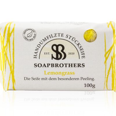 Gift idea - natural cosmetics organic soap with felt coating - up to 4 times more productive than conventional bar soaps in sustainable packaging - lemongrass 100g