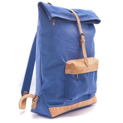 Sustainable azure blue canvas backpack with details in natural cork
