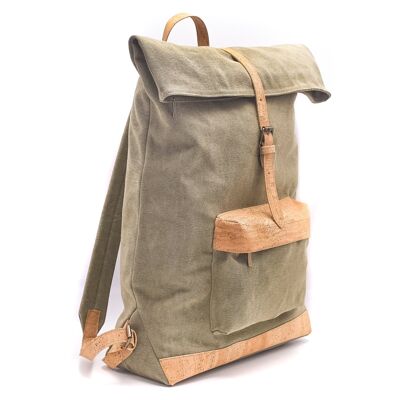 Lovely sand-colored canvas backpack with details in natural cork