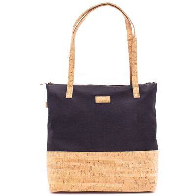 Handbag in black textile and natural-colored cork