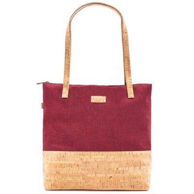 Women's handbag in burgundy textile and natural-colored cork