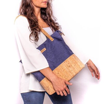 Sustainable handbag in blue fabric and cork