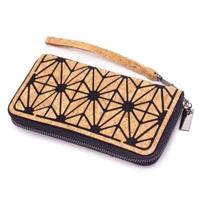 Purse in natural-colored cork with print and wrist strap
