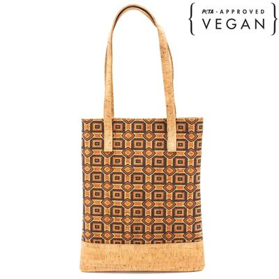 Shopper bag in natural cork with ethnic orange and brown pattern - BAG-406-D