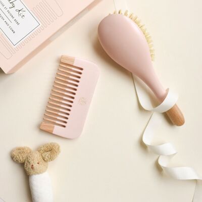 Coffret naissance rose - Brosse démêlage douceur + peigne bois