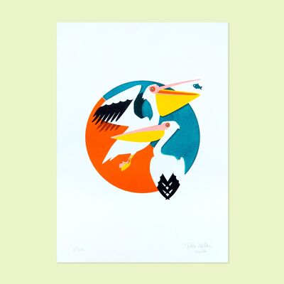 A4 risograph / lino print pelicans