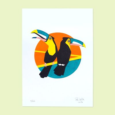 A4 risograph / linocut toucans