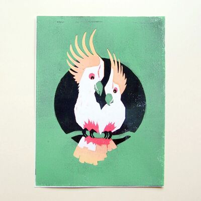 A4 hand-printed woodcut print with two cockatoos (green)