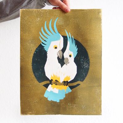 A4 hand-printed woodcut print with two cockatoos (gold)