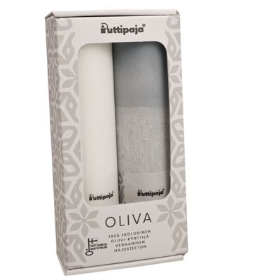 OLIVA - Caja de regalo para velas de mesa de estearina verde oliva, blanco / azul