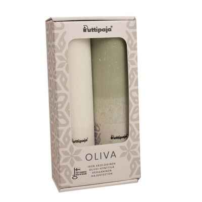 OLIVA - Caja de regalo para velas de mesa de estearina verde oliva, blanco / verde