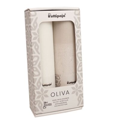 OLIVA - Geschenkbox Olive Stearin Tischkerze, weiß/pulver