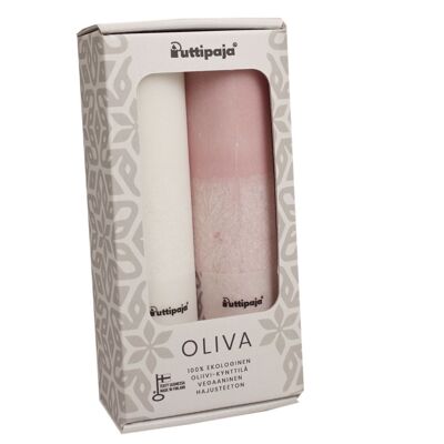 OLIVA - Caja regalo vela de mesa de estearina verde oliva, blanco / rosa antiguo