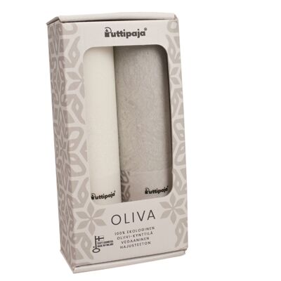 OLIVA - Scatola regalo candela da tavola in stearina oliva, bianco/grigio