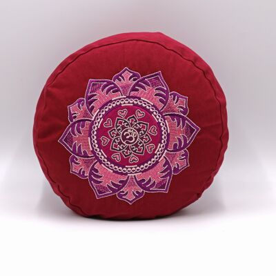 Coussin de méditation rond bio avec broderie OM, bordeaux