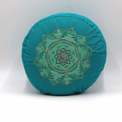 Meditation cushion round organic with OM embroidery, petrol