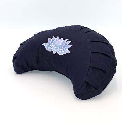 Meditation cushion organic crescent moon with lotus embroidery, dark blue