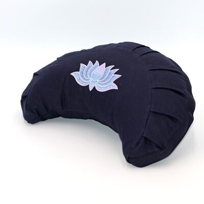 Coussin de méditation croissant de lune bio avec broderie lotus, bleu foncé
