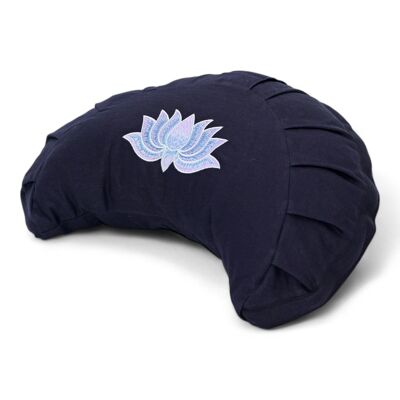 Meditation cushion organic crescent moon with lotus embroidery, dark blue