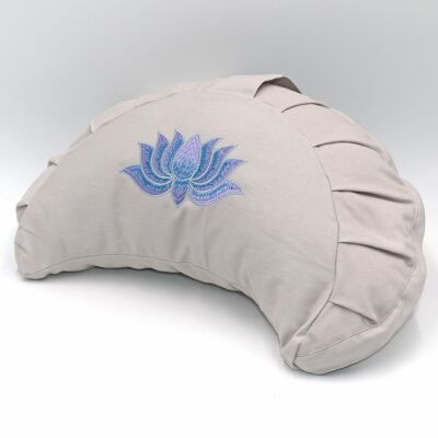 Meditation cushion organic crescent moon with lotus embroidery, light gray