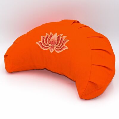 Organic crescent meditation cushion with orange lotus embroidery