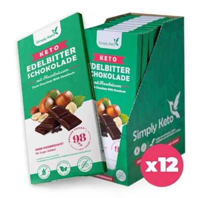 Keto Edelbitter Schokoladentafel mit Haselnüsse | 60% Kakao | 12er Pack