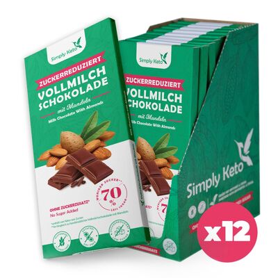 Zuckerreduzierte Vollmilch Schokoladentafel mit Mandeln | 40% Kakao | 12er Pack