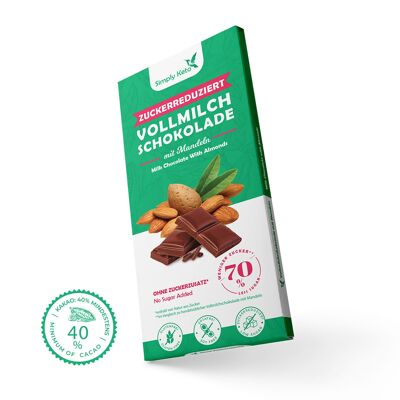 Zuckerreduzierte Vollmilch Schokoladentafel mit Mandeln | 40% Kakao