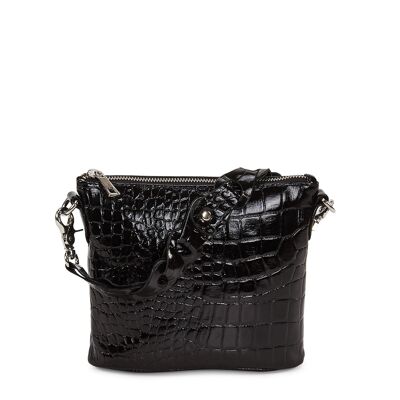 Style Limassol i sort. Skøn lille håndtaske i præget skind med flot flettet håndrem