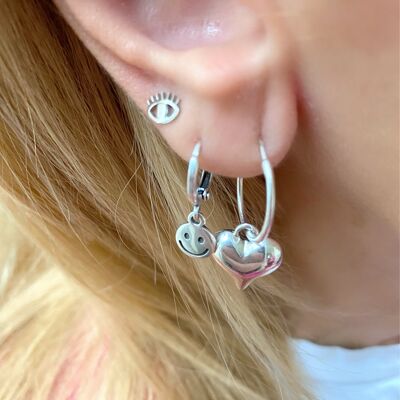 Silver Hoop Earrings Minimal, Women Earrings, Heart Earrings, Smile Earrings, Evil Eye Earrings, Tiny Earrings, Gift for Her.