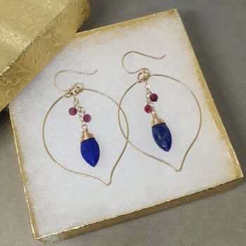 14K gold leaf earrings adorned with Lapis Lazuli and Tourmaline 4