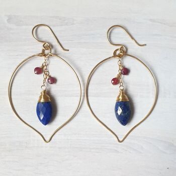 14K gold leaf earrings adorned with Lapis Lazuli and Tourmaline 2