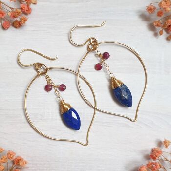 14K gold leaf earrings adorned with Lapis Lazuli and Tourmaline 1